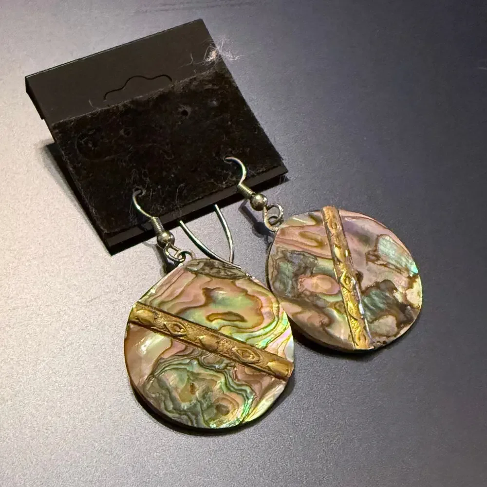 Vintage Mixed Metal Abalone Shell Flat Disc Earrings